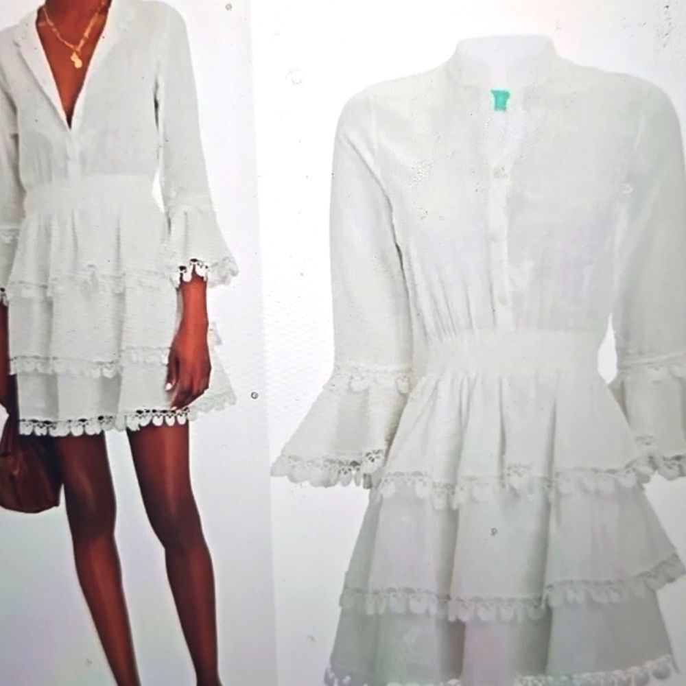 Waimari‎ Calamaro Tiered Ruffle Smocked Beach Coastal Bridal Mini Dress: White L